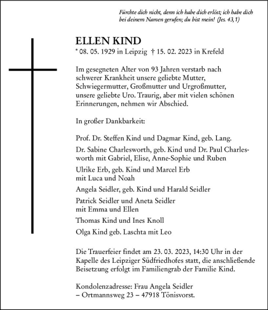 Traueranzeige von Ellen Kind von Camberger Anzeiger