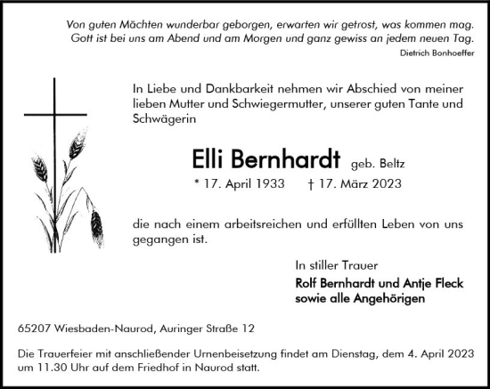 Traueranzeige von Elli Bernhardt von Wiesbadener Kurier Traueranzeige von Elli Bernhardt von Wiesbadener Kurier