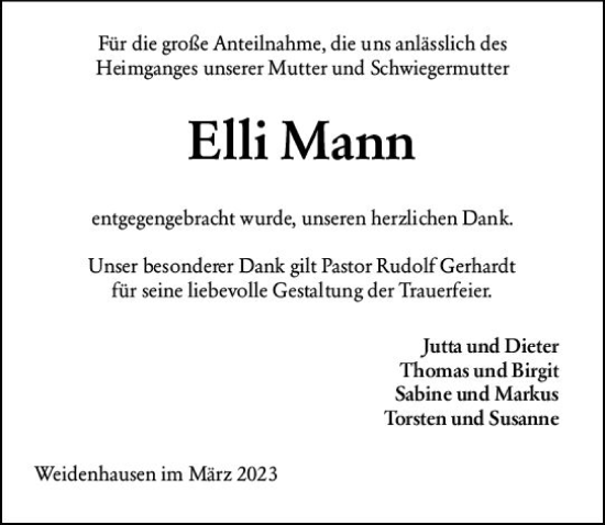 Traueranzeige von Elli Mann von Hinterländer Anzeiger