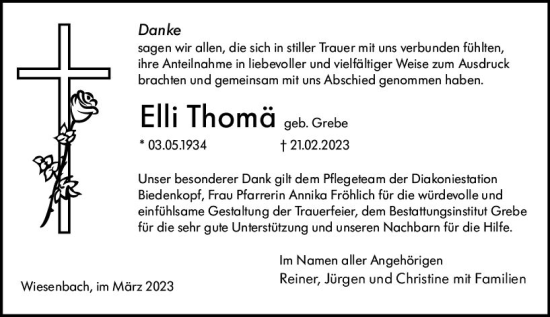 Traueranzeige von Elli Thomä von Hinterländer Anzeiger