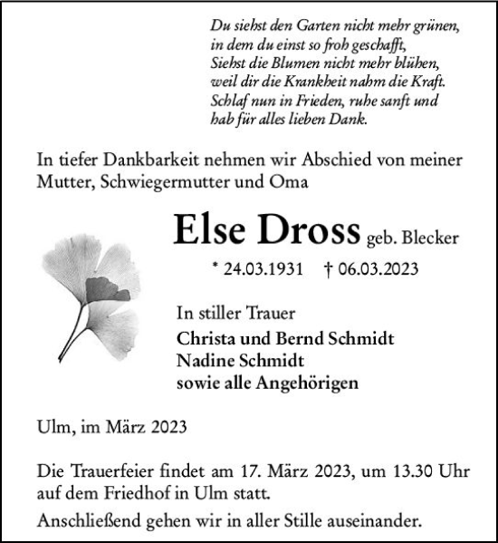 Traueranzeige von Else Dross von Wetzlarer Neue Zeitung