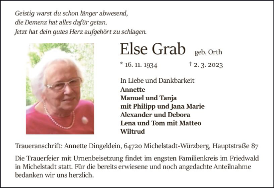 Traueranzeige von Else Grab von Odenwälder Echo