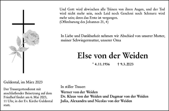 Traueranzeige von Else von der Weiden von Allgemeine Zeitung Bad Kreuznach