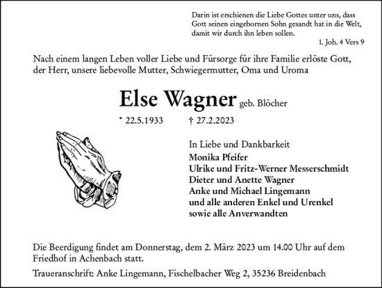 Traueranzeige von Else Wagner von Hinterländer Anzeiger