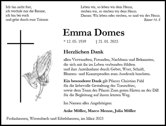 Traueranzeige von Emma Domes von Dill Block