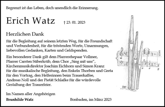 Traueranzeige von Erich Watz von Wetzlarer Neue Zeitung