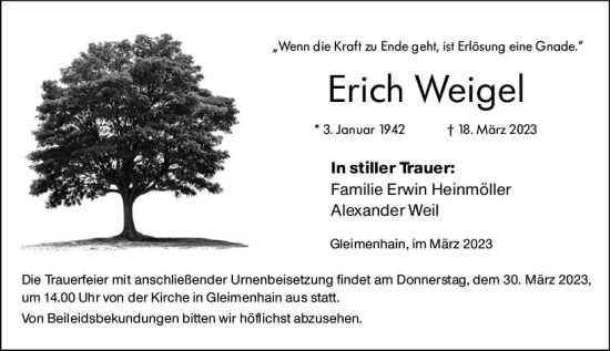 Traueranzeige von Erich Weigel von Oberhessen Kurier