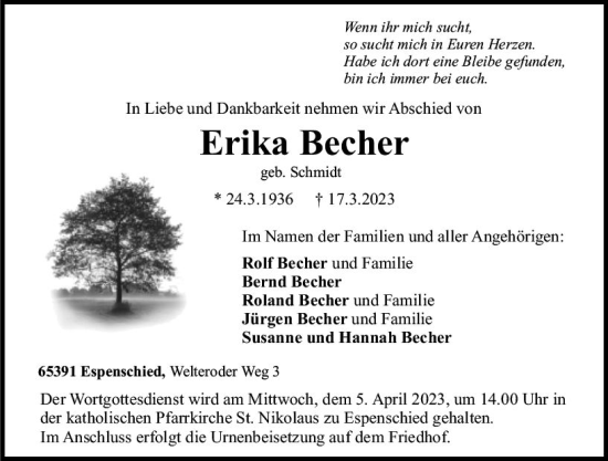 Traueranzeige von Erika Becher von Wiesbadener Kurier