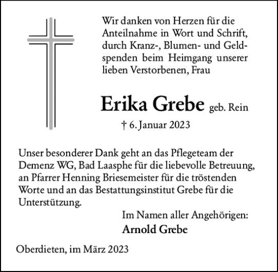 Traueranzeige von Erika Grebe von Hinterländer Anzeiger