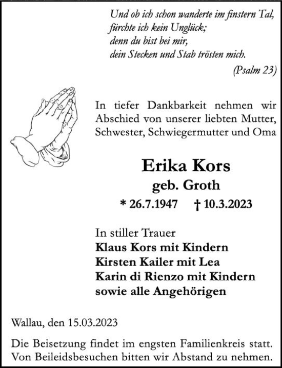 Traueranzeige von Erika Kors von Hinterländer Anzeiger