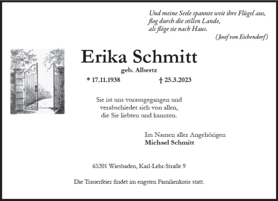 Traueranzeige von Erika Schmitt von Wiesbadener Kurier Traueranzeige von Erika Schmitt von Wiesbadener Kurier
