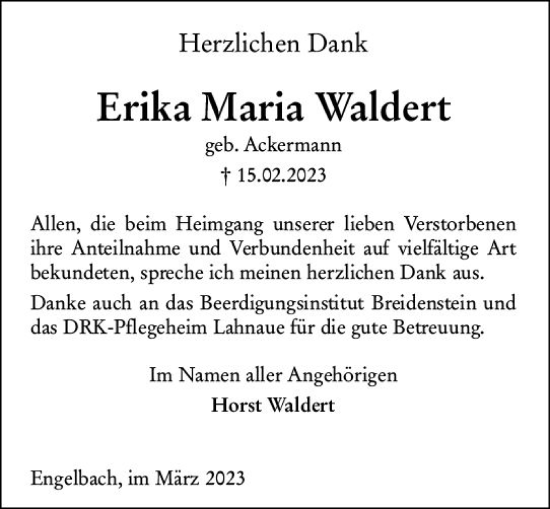 Traueranzeige von Erika Maria Waldert von Hinterländer Anzeiger