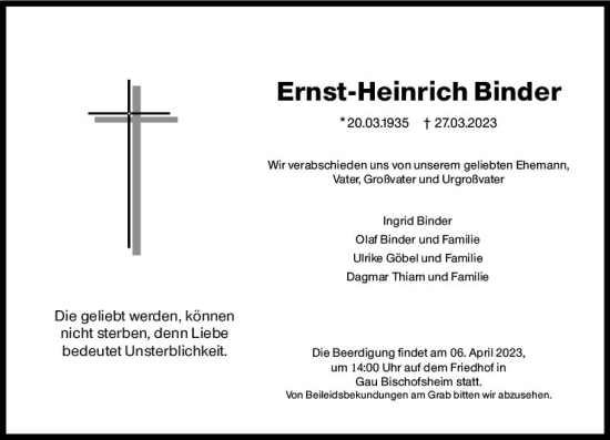 Traueranzeige von Ernst-Heinrich Binder von Allgemeine Zeitung Mainz