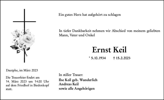 Traueranzeige von Ernst Keil von Hinterländer Anzeiger