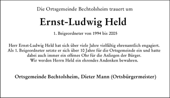 Traueranzeige von Ernst-Ludwig Held von Allgemeine Zeitung Alzey