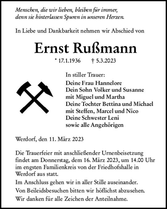 Traueranzeige von Ernst Rußmann von Wetzlarer Neue Zeitung