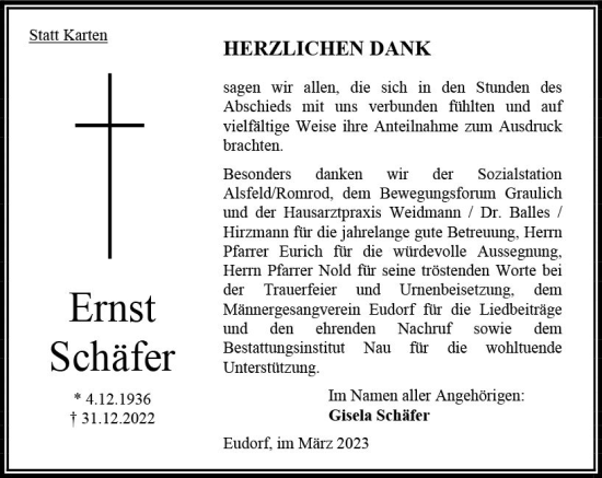 Traueranzeige von Ernst Schäfer von Oberhessen Kurier
