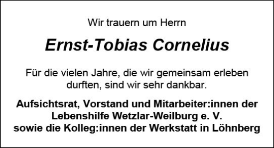 Traueranzeige von Ernst-Tobias Cornelius von Weilburger Tageblatt