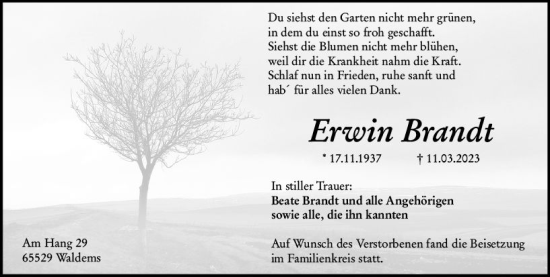 Traueranzeige von Erwin Brandt von Camberger Anzeiger