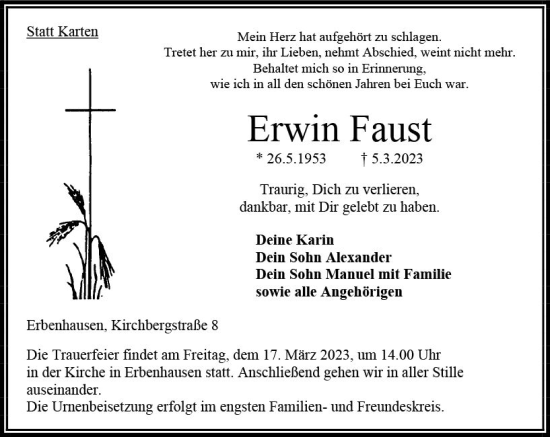 Traueranzeige von Erwin Faust von VRM Trauer