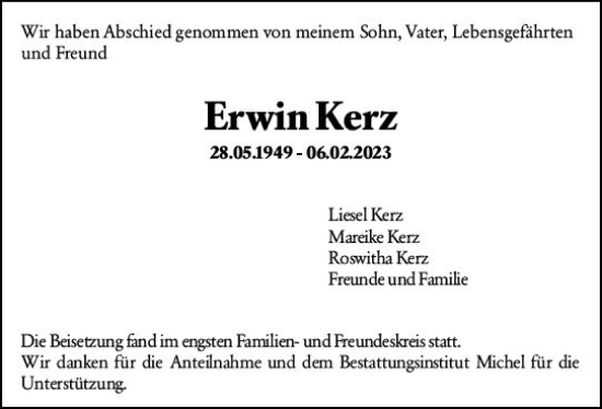 Traueranzeige von Erwin Kerz von Allgemeine Zeitung Mainz