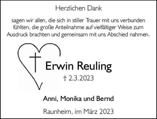 Traueranzeige von Erwin Reuling von Rüsselsheimer Echo