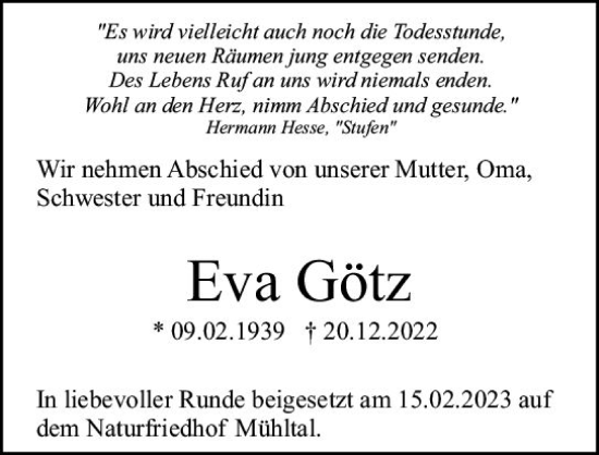 Traueranzeige von Eva Götz von Darmstädter Echo