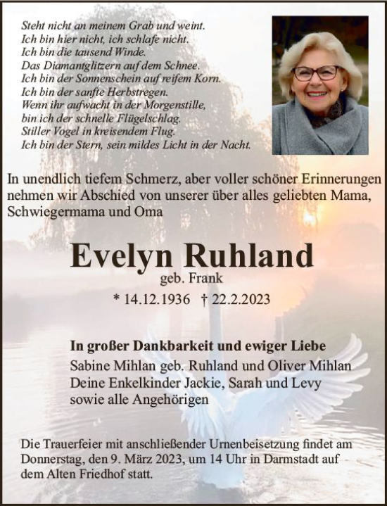 Traueranzeige von Evelyn Ruhland von Darmstädter Echo