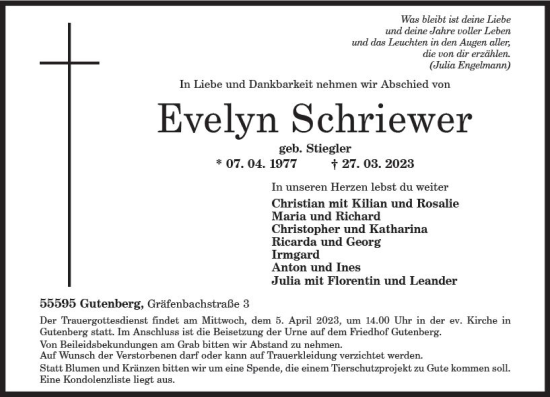 Traueranzeige von Evelyn Schriewer von Allgemeine Zeitung Bad Kreuznach