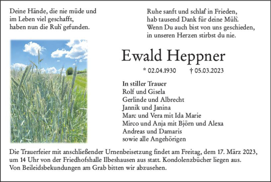 Traueranzeige von Ewald Heppner von VRM Trauer