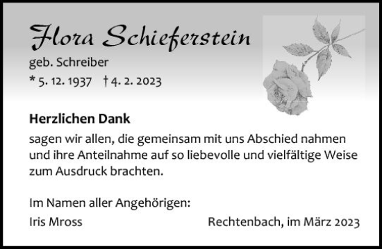 Traueranzeige von Flora Schieferstein von Wetzlarer Neue Zeitung