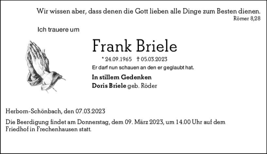 Traueranzeige von Frank Briele von Hinterländer Anzeiger