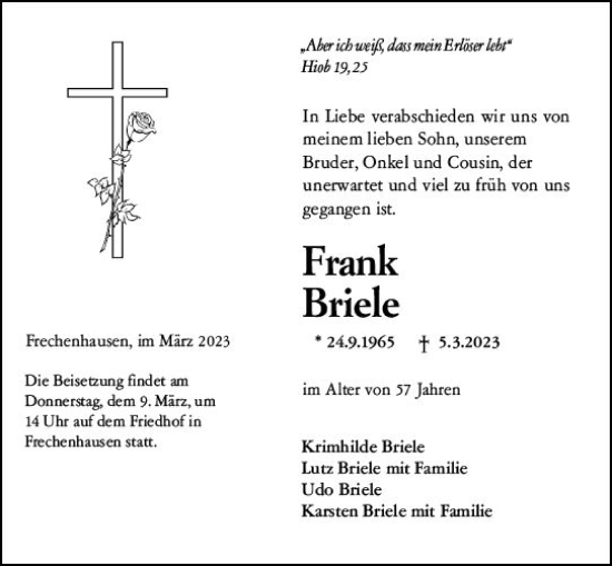 Traueranzeige von Frank Briele von Hinterländer Anzeiger
