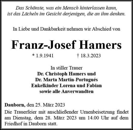 Traueranzeige von Franz-Josef Hamers von Nassauische Neue Presse