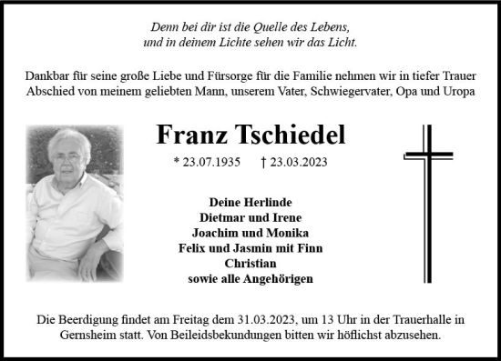 Traueranzeige von Franz Tschiedel von Groß-Gerauer Echo