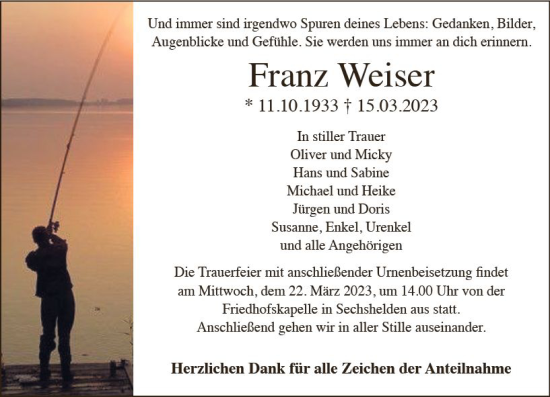 Traueranzeige von Franz Weiser von Dill Block