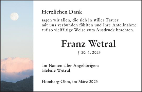 Traueranzeige von Franz Wetral von Oberhessen Kurier