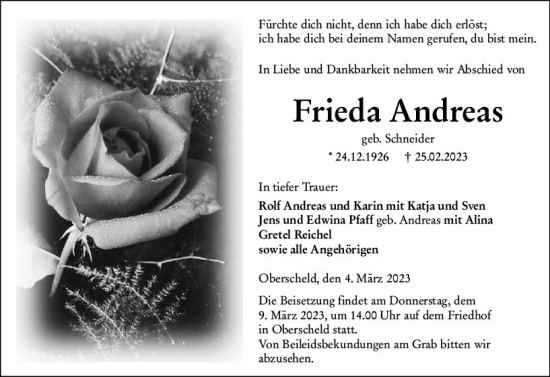 Traueranzeige von Frieda Andreas von Dill Block