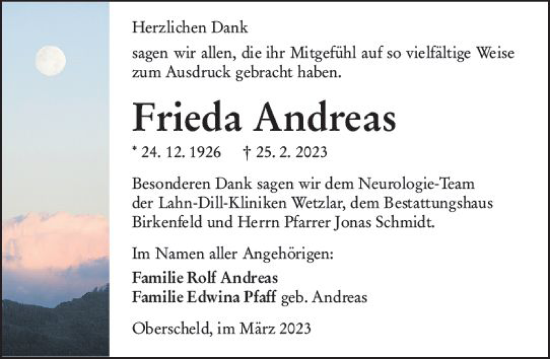 Traueranzeige von Frieda Andreas von Dill Block
