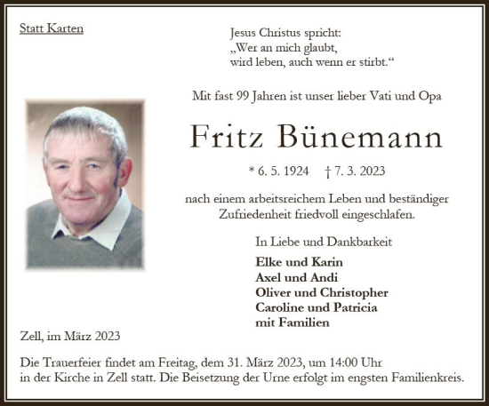 Traueranzeige von Fritz Bünemann von Oberhessen Kurier