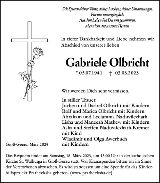 Traueranzeige von Gabriele Olbricht von Südhessen Morgen