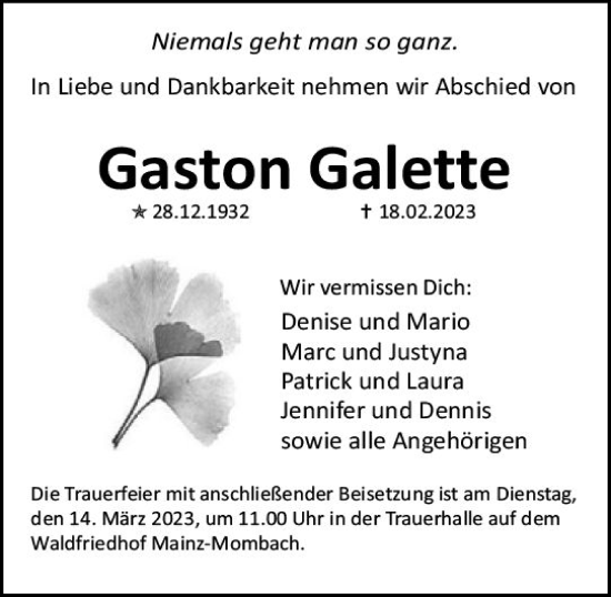 Traueranzeige von Gaston Galette von Allgemeine Zeitung Mainz