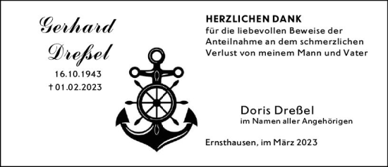 Traueranzeige von Gerhard Dreßel von Weilburger Tageblatt