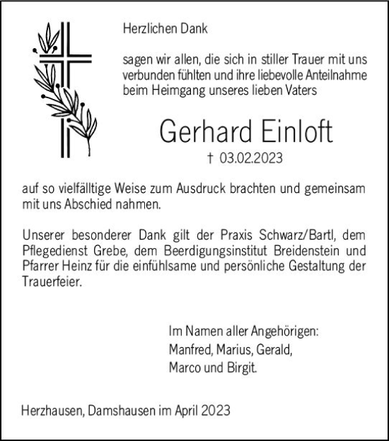 Traueranzeige von Gerhard Einloft von Hinterländer Anzeiger