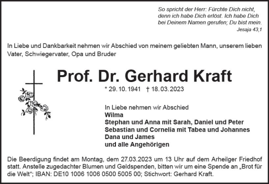 Traueranzeige von Gerhard Kraft von Darmstädter Echo