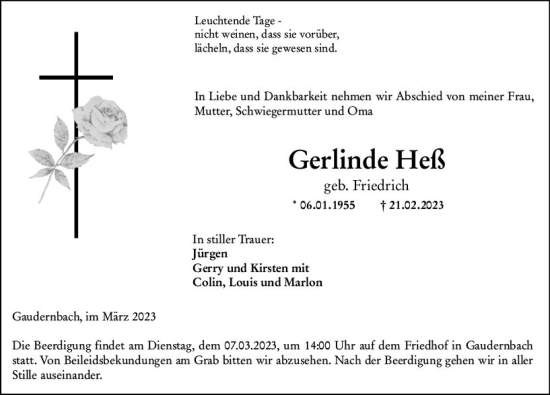 Traueranzeige von Gerlinde Heß von Weilburger Tageblatt