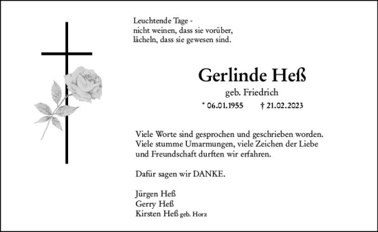 Traueranzeige von Gerlinde Heß von Weilburger Tageblatt