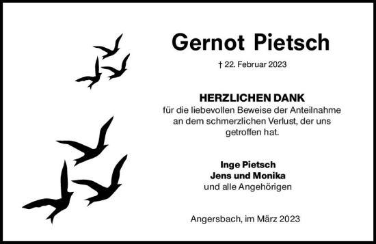Traueranzeige von Gernot Pietsch von Oberhessen Kurier
