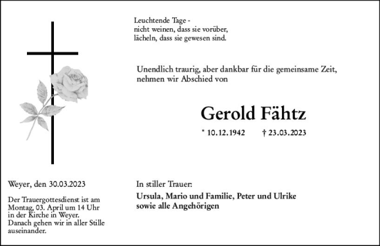 Traueranzeige von Gerold Fähtz von Nassauische Neue Presse