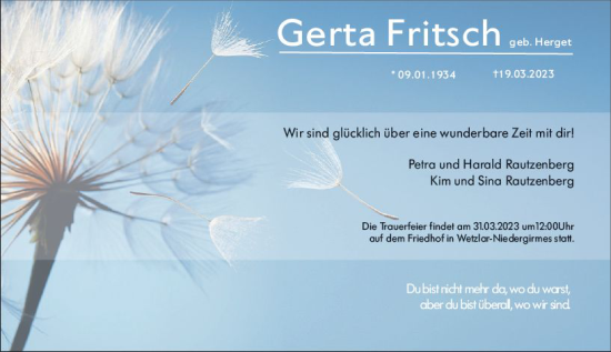 Traueranzeige von Gerta Fritsch von Wetzlarer Neue Zeitung